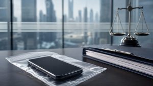 تفتيش الجوال في التحقيق الجنائي: متى يكون الإجراء محل بطلان؟ 1 هاتف جوال داخل كيس أدلة بجوار ملف قانوني يرمز إلى ضوابط التفتيش الجنائي