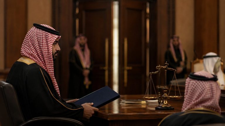 قاعة محكمة سعودية مغلقة ترمز إلى سرية الجلسة الجنائية